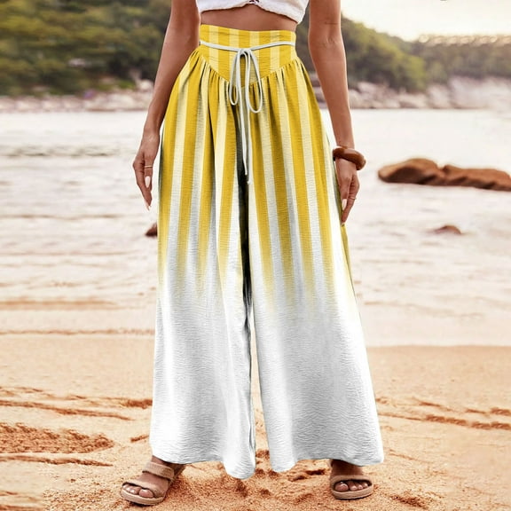 WXLWZYWL Plus Size Wide Leg Pants for Women Striped High Waisted Baggy Drawstring Lightweight Loose Fit Flare Leggings Sweatpants