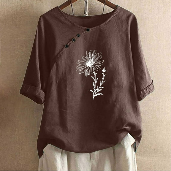 WXLWZYWL Plus Size Womens Summer Graphic Tops 3/4 Sleeve Round Neck Cotton Linen Blouses T Shirt Vintage Dandelion Floral Printing Shirt Loose Button Tunics
