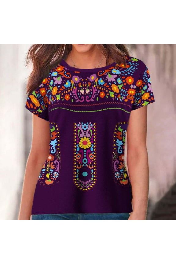 Plus Size Womens Summer Tops Short Sleeve Round Neck Mexican Embroidered T-shirts Fiesta Shirts Floral Printing Peasant Blouses