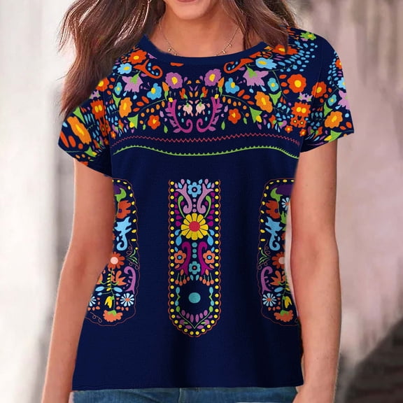 WXLWZYWL Plus Size Womens Summer Tops Short Sleeve Round Neck Mexican Embroidered T-shirts Fiesta Shirts Floral Printing Peasant Blouses