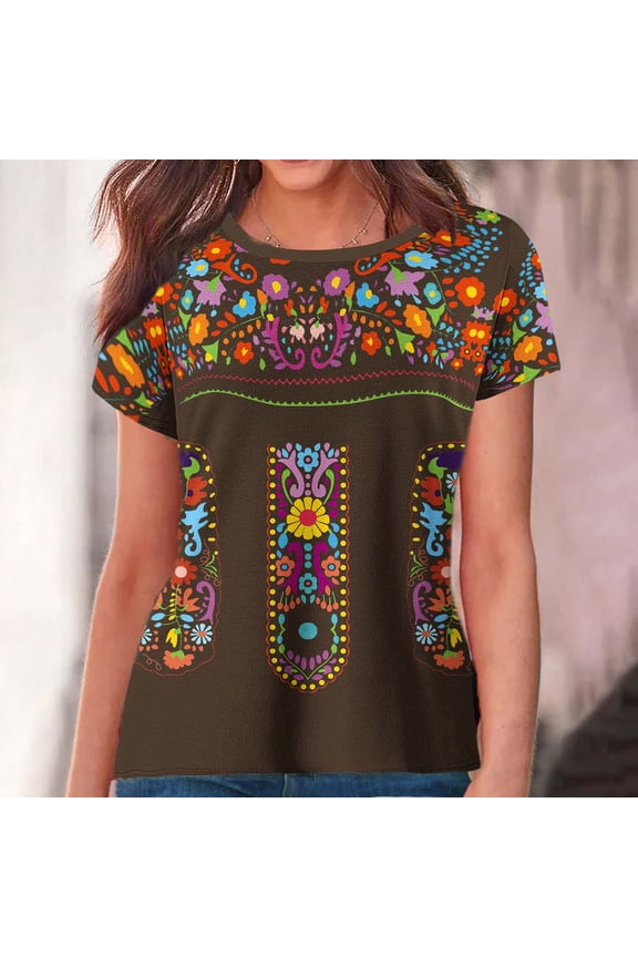 Plus Size Womens Summer Tops Short Sleeve Round Neck Mexican Embroidered T-shirts Fiesta Shirts Floral Printing Peasant Blouses