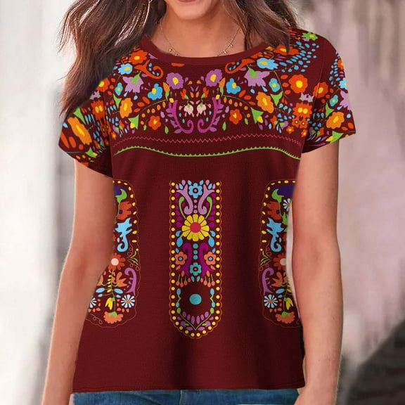 WXLWZYWL Plus Size Womens Summer Tops Short Sleeve Round Neck Mexican Embroidered T-shirts Fiesta Shirts Floral Printing Peasant Blouses