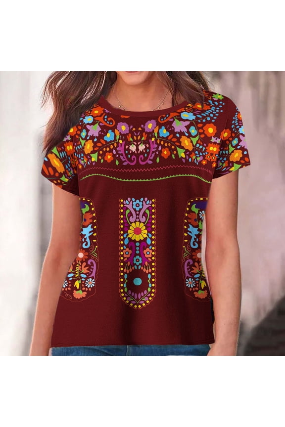Plus Size Womens Summer Tops Short Sleeve Round Neck Mexican Embroidered T-shirts Fiesta Shirts Floral Printing Peasant Blouses