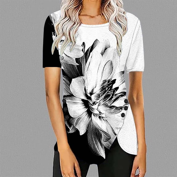 WXLWZYWL Plus Size Womens Summer Tunic Tops Short Sleeve Crew Neck Casual Puff Button Down Printing Blouses Dressy Cute Trendy Loose T Shirts