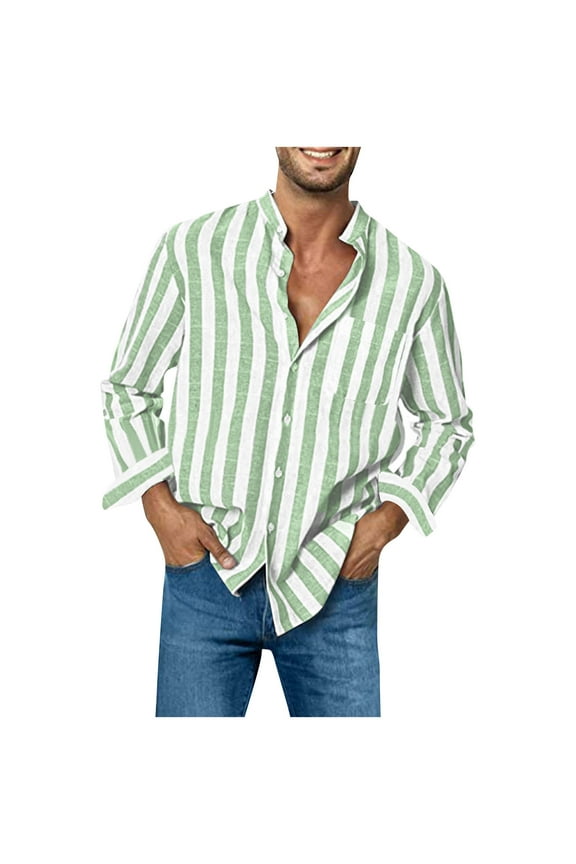 Men's Cotton Shirts Casual Long Sleeve Button-Down Striped Regular Fit Dress Shirt Check Print Lapel Blouse