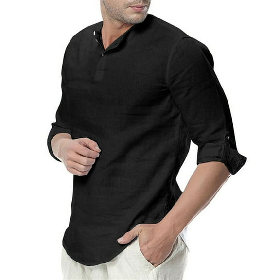 WXLWZYWL Men's Linen Roll Up Long Sleeve Shirt Cotton Casual Beach Shirts Button Down Henley T-Shirt Solid Band Collar Vacation Tops with Pocket
