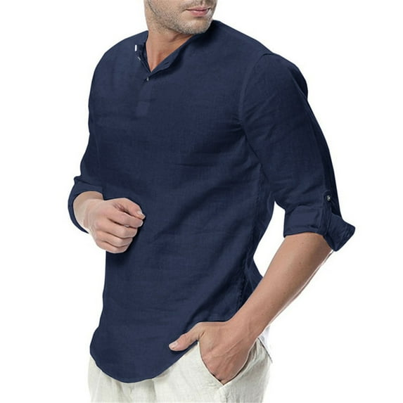 WXLWZYWL Men's Linen Roll Up Long Sleeve Shirt Cotton Casual Beach Shirts Button Down Henley T-Shirt Solid Band Collar Vacation Tops with Pocket