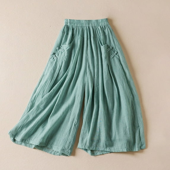 WXLWZYWL Women's Baggy Linen Wide Leg Trousers Palazzo Capris Pull On Embriodered Solid Summer Beach Cropped Culottes Pants Pocketed