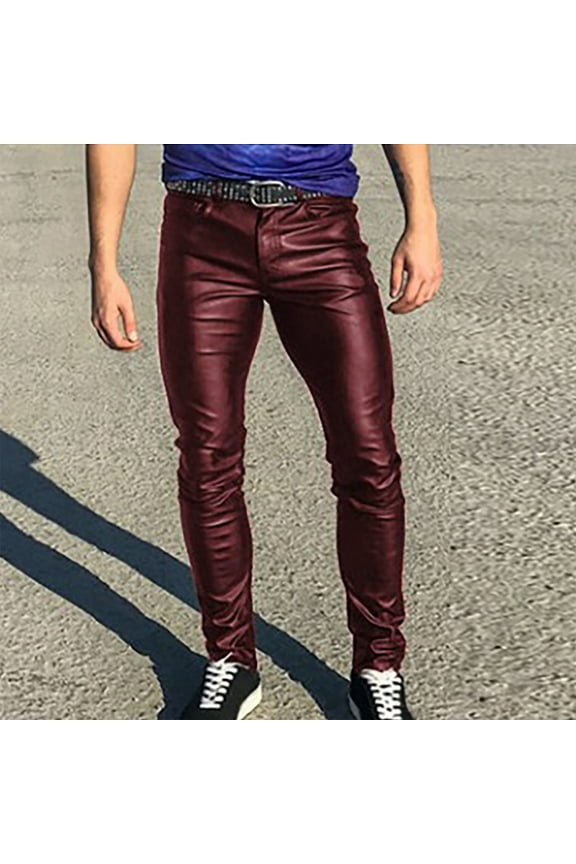 Punk Big Men's Tight Elastic Teenager Low Rise Personality Casual Leather Pants Business Slim Fit Five Pockets Faux Leather Pants Jeans