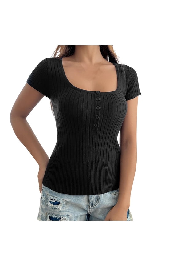Ribbed Knit Tops for Women Short Sleeve Shirs Square Neck Going out Tops Stretcht Slim Fitted Basic Tees