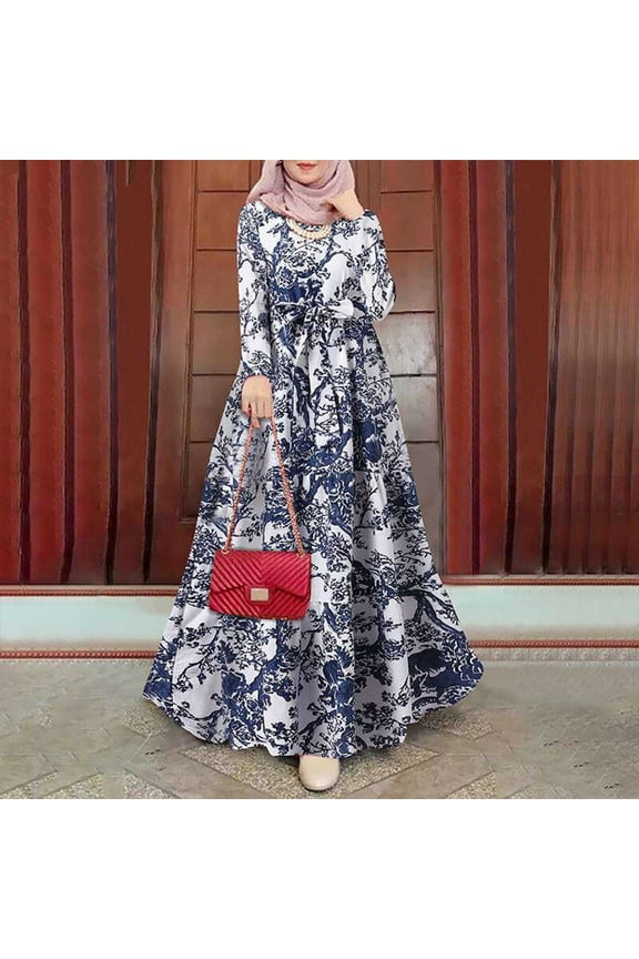 Robe Dress for Women Cotton Linen Print Muslim Spring Dress Long Sleeve Women Floral Button Robe