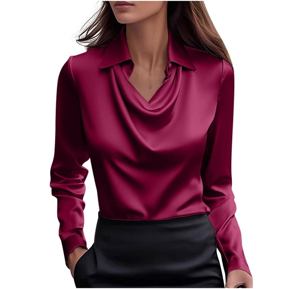 WXLWZYWL Satin Blouse for Womens Dressy Elegant Ruched V Neck Long Sleeve Tops Business Casual Office Work Silk Shirt Spring Clothes