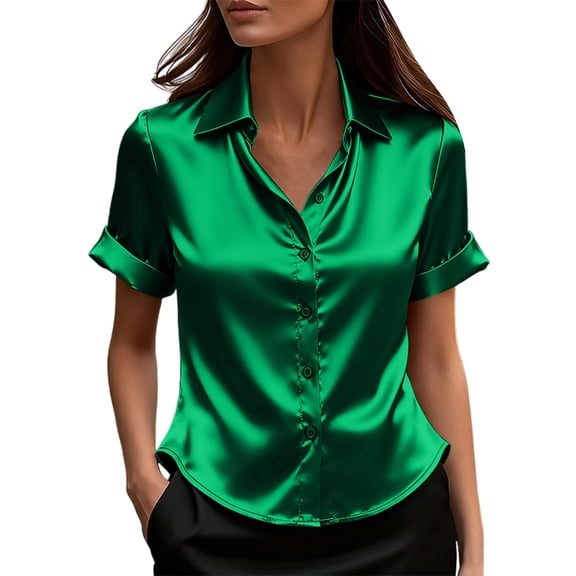 WXLWZYWL Satin Shirts for Women Button down Short Sleeve Work Shirts Collared V Neck Business Casual Tops