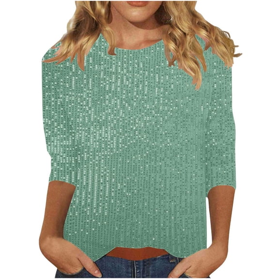 WXLWZYWL Sequin Tops for Women 3/4 Length Sleeve Sparkly Shirts Crewneck Glitter Party Tops