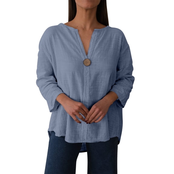 WXLWZYWL Shirts for Womens Summer Button down V Neck 3/4 Sleeve Blouses Casual Loose Tunic Tops