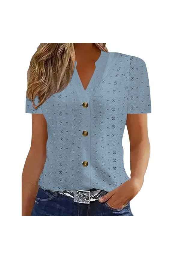 Short Sleeve Tops for Women Button down Cardigans Sweaters V Neck Crochet Knit Tops Solid Color