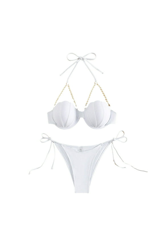 Solid Color Chain Steel Brace Swimsuit Bikini for Women