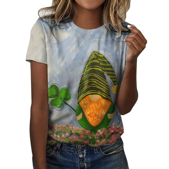 WXLWZYWL St. Patrick'S Day Women'S Green Clover Print Short Sleeve Summer Loose Round Neck White T-Shirt