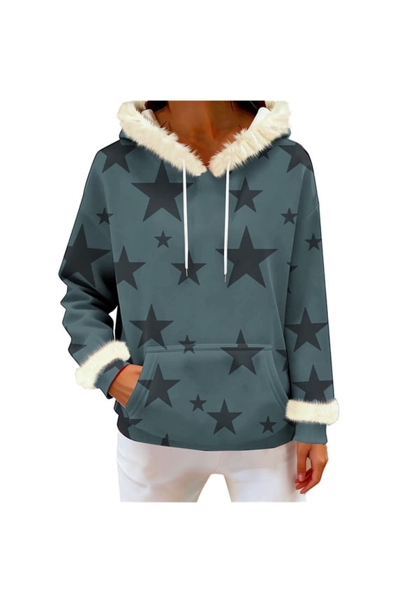 Star Print Hoodies for Women Long Sleeve Hooded Sweatshirts Loose Fitted Hoodie with Pockets