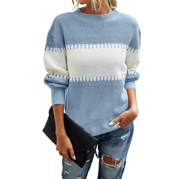 WXLWZYWL Striped Sweaters for Women Trendy Round Neck Knitted Pullover Women Stripe Casual Style Loose Long Sleeve Oversized Sweater Tops
