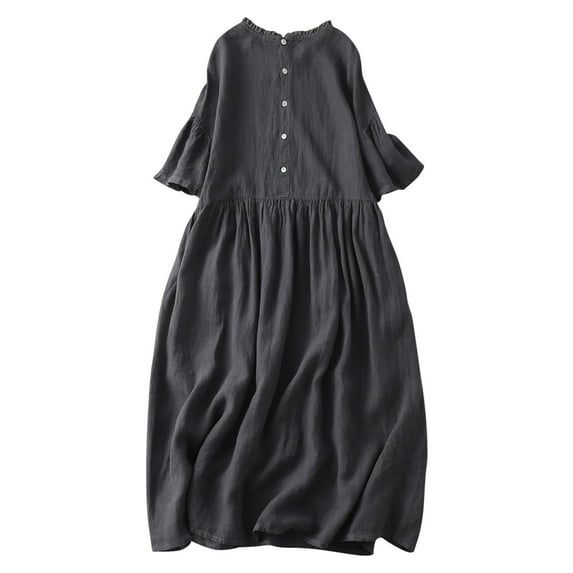 WXLWZYWL Summer Dress Women'S Able Solid Color Short Sleeved Round Neck Button Loose Fitting Dress Black