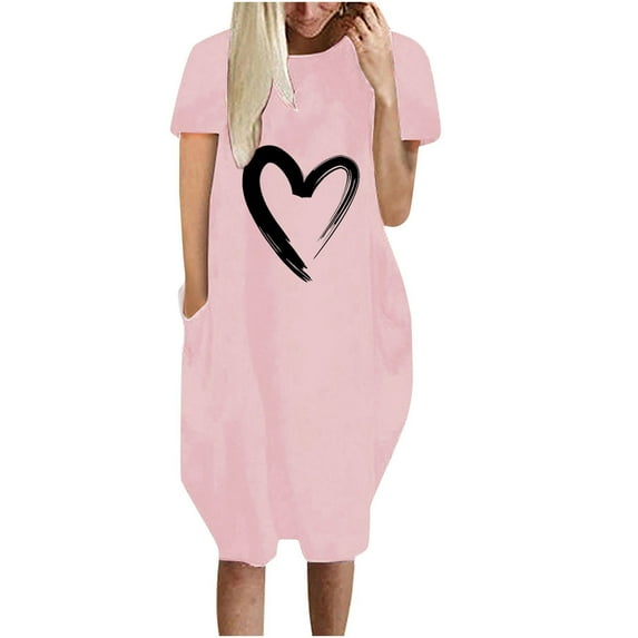 WXLWZYWL Summer Dress Women'S Casual Loose Love Print Dress Short Sleeve V-Neck Dress Pink