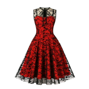 WXLWZYWL Summer Dress 2023 Clearance Women'S Round Neck Sleeveless Embroidery Gauze High Waist Retro Dress Red