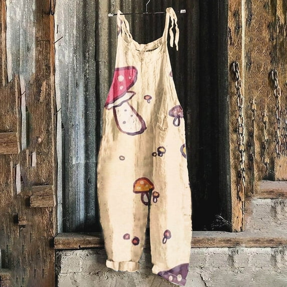 WXLWZYWL Summer Jumpsuits for Women 2024 Casual Cute Cartoon Mushroom Printed Vintage Overalls Plus Size Spaghetti Strap Jumpsuit Cruise Beach Jumpsuits Comfy Lounge Overalls