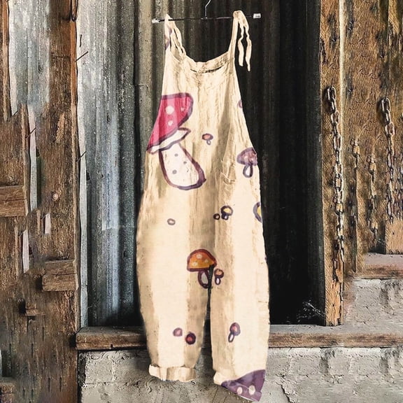 WXLWZYWL Summer Jumpsuits for Women 2024 Casual Cute Cartoon Mushroom Printed Vintage Overalls Plus Size Spaghetti Strap Jumpsuit Cruise Beach Jumpsuits Comfy Lounge Overalls