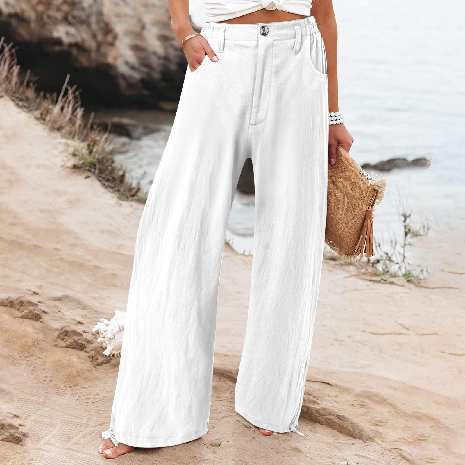 WXLWZYWL Summer Linen Pants for Women Tall Comfy Smocked High  display picture 1