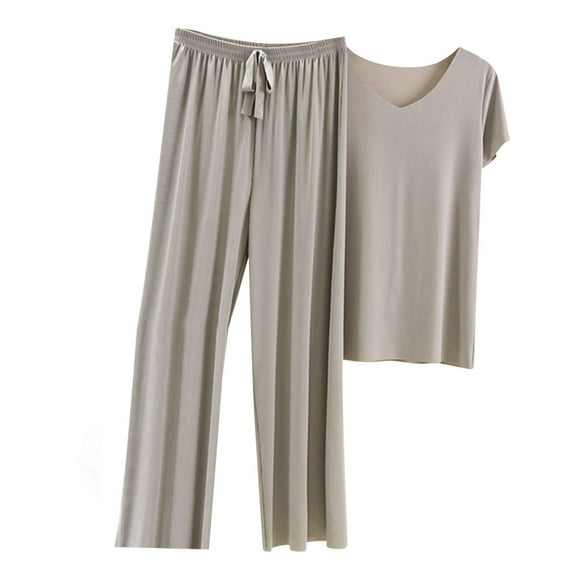 WXLWZYWL Summer Saving Soft Comfortable Ice Silk Short Sleeve T-Shirt Two Piece Set Loose Wide-Leg Pants,Breathable Sleeve Pajama Women Set