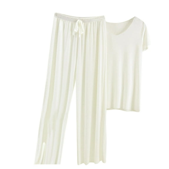WXLWZYWL Summer Saving Clearance Sale Deals Soft Comfortable Ice Silk Short Sleeve T-Shirt Two Piece Set Loose Wide-Leg Pants, Breathable Sleeve Pajama Women Set