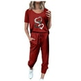 thumbnail image 1 of WXLWZYWL Summer Saving Women's Summer Two Piece Outfit Short Sleeve Printing Pullover with Drawstring Long Pants Tracksuit Jogger Set, 1 of 4