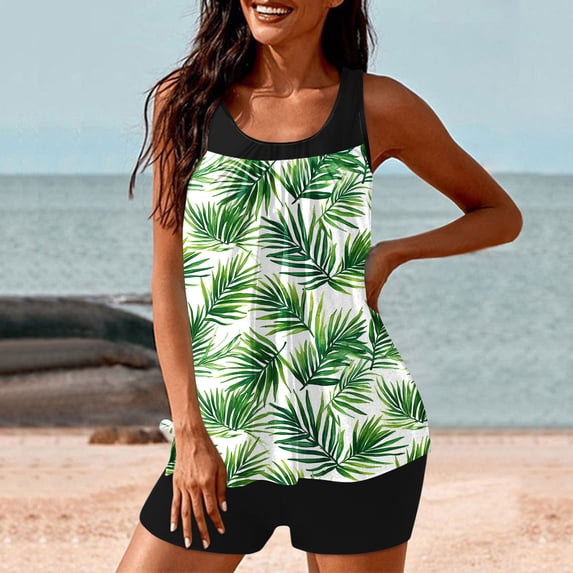 WXLWZYWL Summer Tankini Swimsuits for Women Tummy Control Two Piece Bathing Suits with Sporty Pockets Swim Shorts