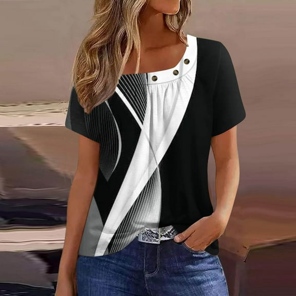 WXLWZYWL Summer Womens Top Plus Size Scoop Neck Short Sleeve Shirts T Shirts Printing Pullover Tee Button Blouses