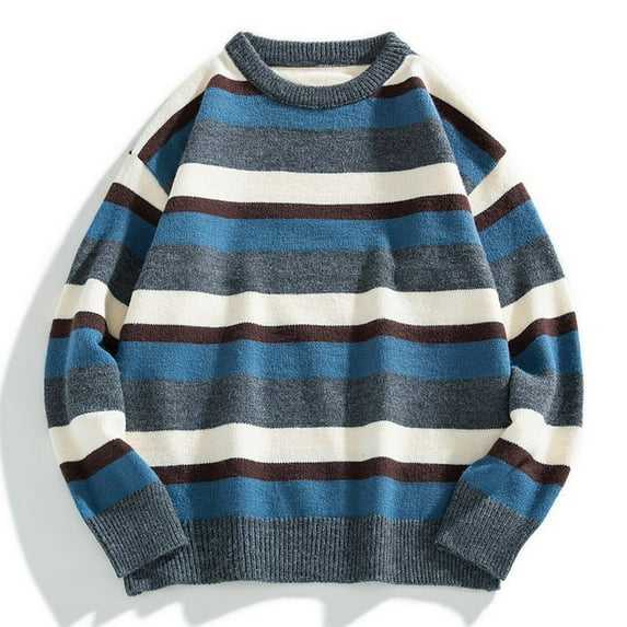 WXLWZYWL Sweaters for Men Vintage Fall Grandpa Striped Sweater Knit Oversized Round Neck Long Sleeve Pullover Sweater