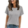 thumbnail image 1 of WXLWZYWL Sweaters for Women Short Sleeve Knit Tops Casual V Neck Ribbed T Shirts Loose Fitted Knitwear, 1 of 6
