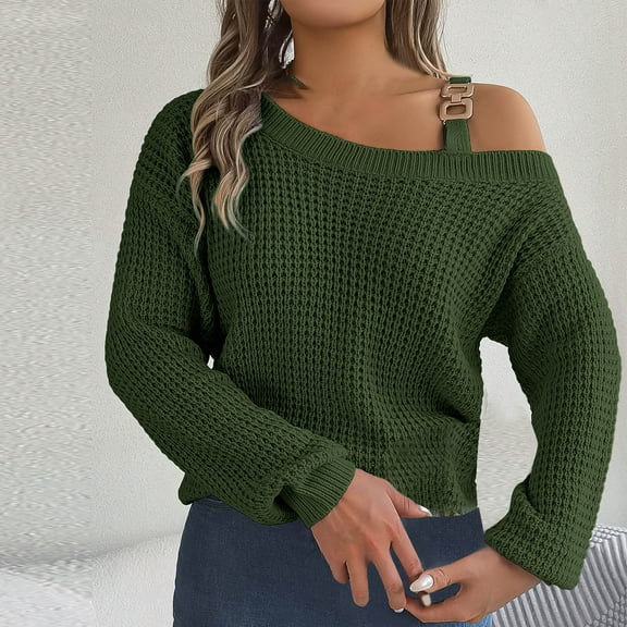 WXLWZYWL Sweaters for Women Trendy Y2K Women Sweater Cable Knit Casual Metal Buckle Spliced Off The Shoulder Long Sleeve Pullover Jumper Tops