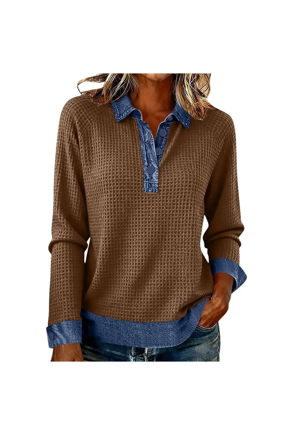 Sweatshirts for Women Long Sleeve Collared Shirts Lapel Denim Patchwork Pullover Tops
