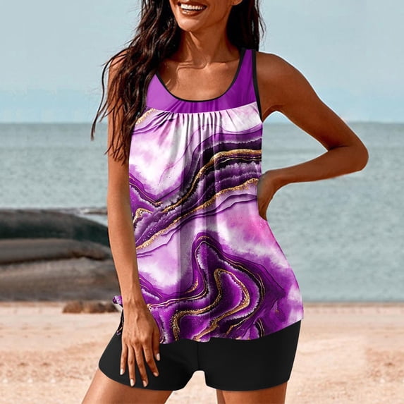 WXLWZYWL Swimwear Beachwear Women Plus Size Print Strappy Back Tankini Set Two Piece Swimdress Panty Bathing Suit