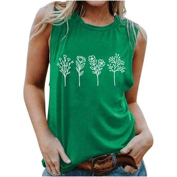 WXLWZYWL Tank Tops for Women 2023 Plant Print Shirt Solid Color Round Neck Blouse Sleeveless Floral Shirts Vintage Graphics Top My Order T Shirt Cheap Shirts