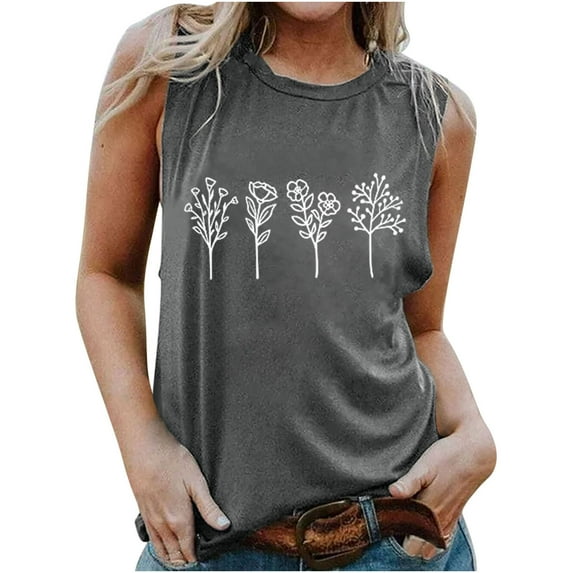 WXLWZYWL Tank Tops for Women 2023 Plant Print Shirt Solid Color Round Neck Blouse Sleeveless Floral Shirts Vintage Graphics Top My Order T Shirt Clearance Sale Cheap Shirts
