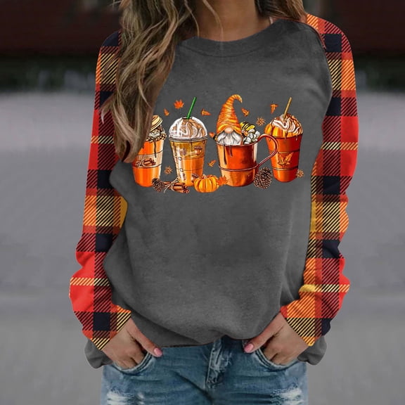 WXLWZYWL Thanksgiving Shirts for Women 2024 Trendy Funny Gnome Pumpkin Spice Coffee Latte Graphic Crewneck Raglan Long Sleeve Sweatshirts Tops Loose Fit