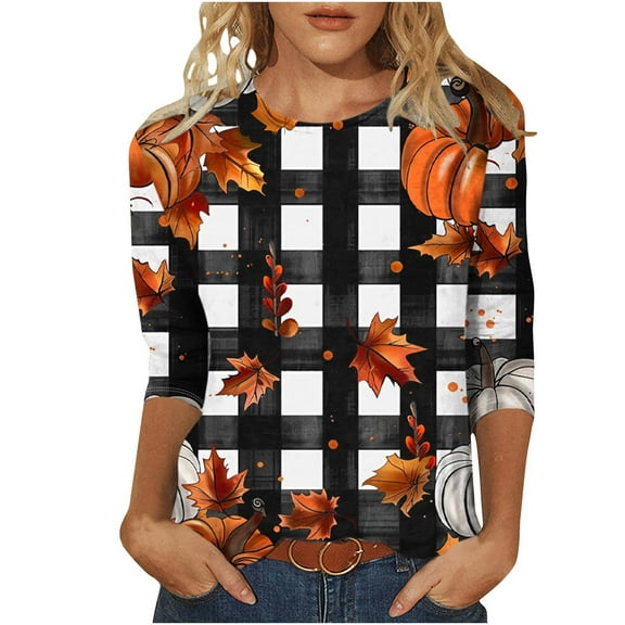 WXLWZYWL Thanksgiving T-Shirts for Women Fashion Thanksgiving Pumpkin Fruit Print Round Neck 3/4 Sleeve Tops