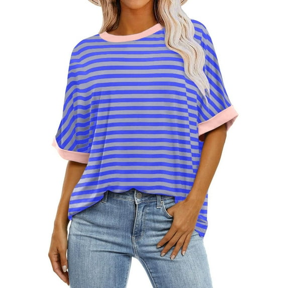 WXLWZYWL Top for Women Clearance Plus Size Round Neck Oversized Striped Shirts Short Sleeve Summer Casual Loose Pullover Basic Tee Shirts Trendy Clothes