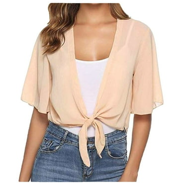 WXLWZYWL Top for Women Clearance Plus Size Tie Front Chiffon Mesh Shrug Short Sleeve Cropped Sheer Bolero Shrug Cardigan