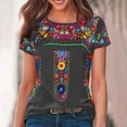 thumbnail image 1 of WXLWZYWL Tops for Women Plus Size Short Sleeve Round Neck Mexican Tee Shirts Floral Embroidered Loose Tops Ethnic Style Boho T-Shirts, 1 of 5