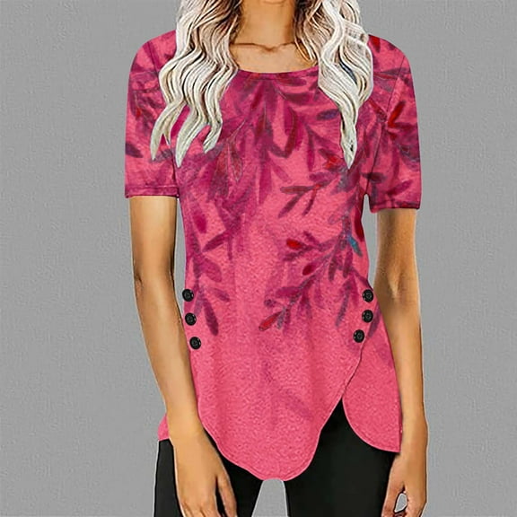 WXLWZYWL Tops for Womens Plus Size Round Neck Short Sleeve Blouses Floral leaves Printing Button Down Casual Loose Summer Tunic Shirts