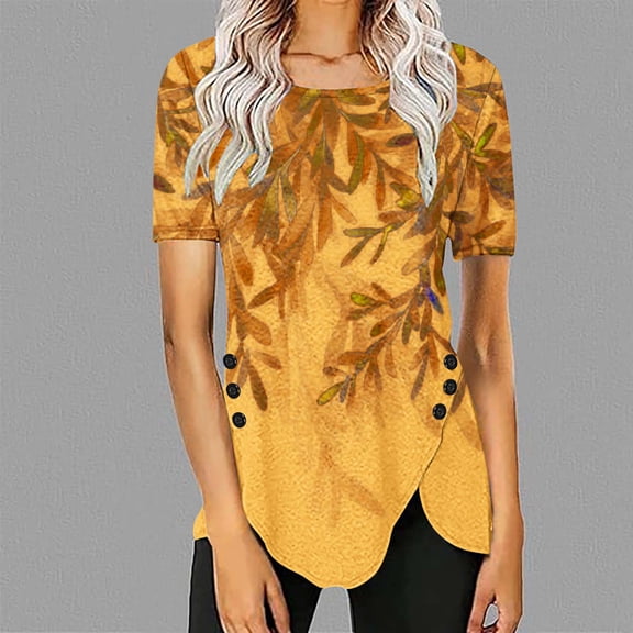 WXLWZYWL Tops for Womens Plus Size Round Neck Short Sleeve Blouses Floral leaves Printing Button Down Casual Loose Summer Tunic Shirts