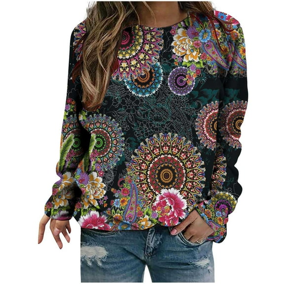 WXLWZYWL Trendy Sweatshirts For Women 2023 Women Classic And Winter Floral Print Crewneck Long Sleeve Loose Sweatshirt Tops